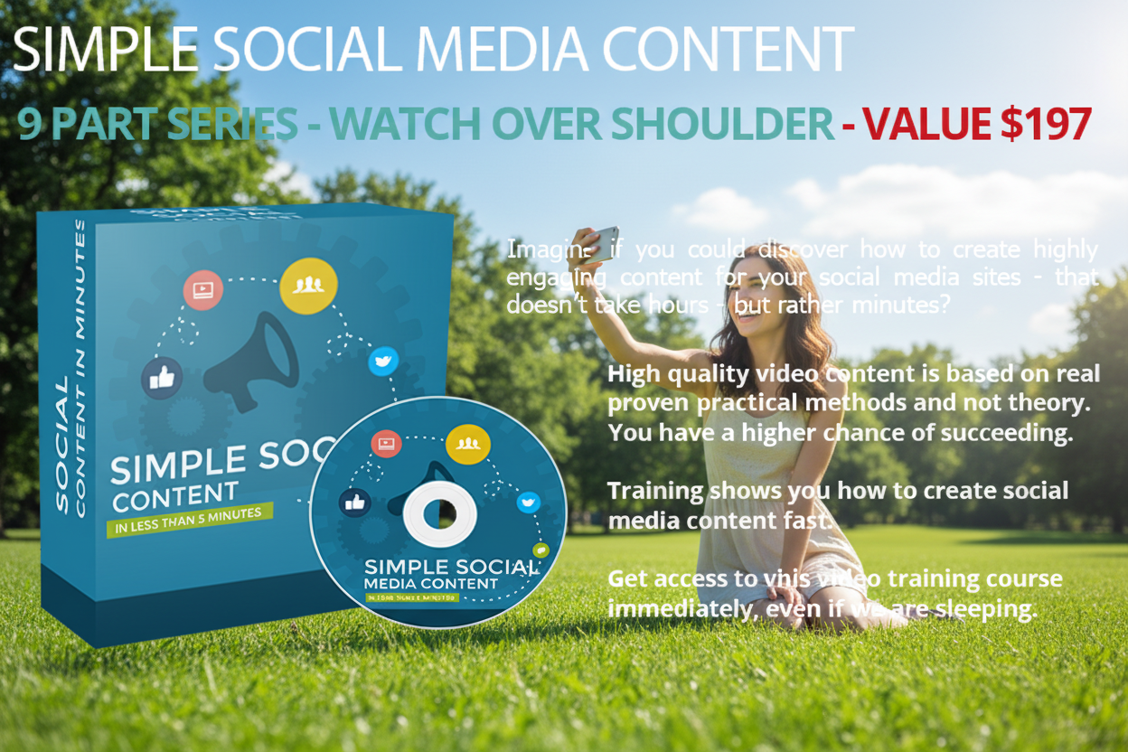 Promotional graphic for a 'Simple Social Media Content' 9-part series with a blue box and text on a gray background.