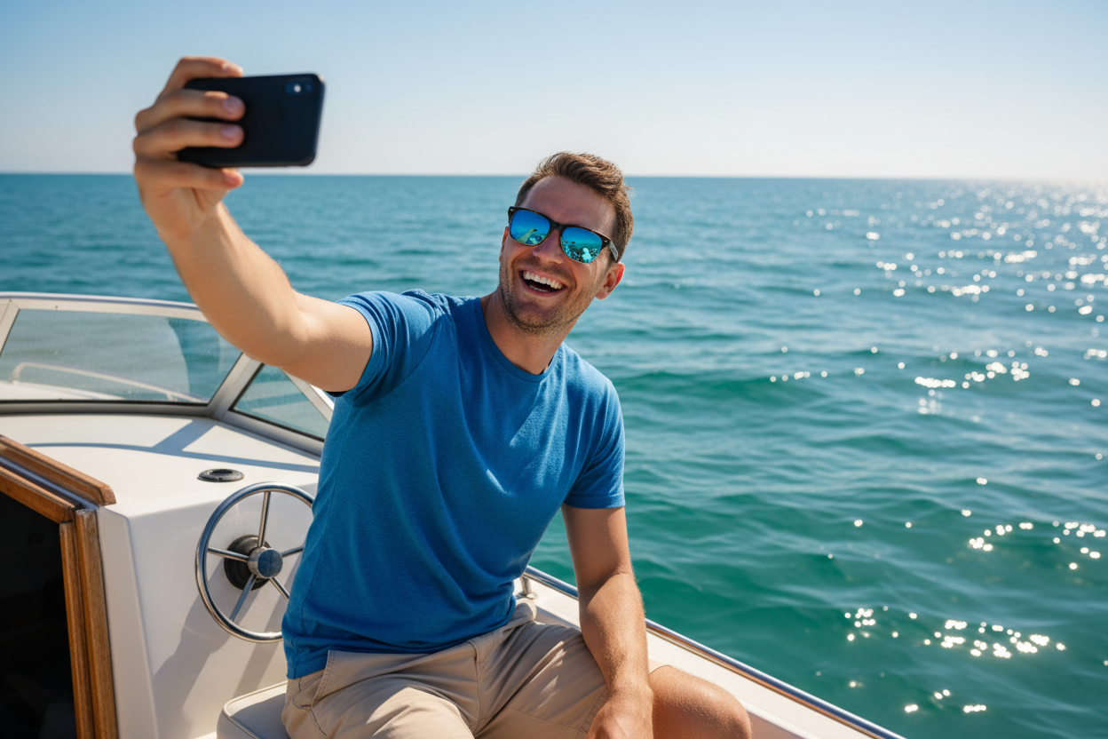 A man happily taking selfie while boating in the sea. 