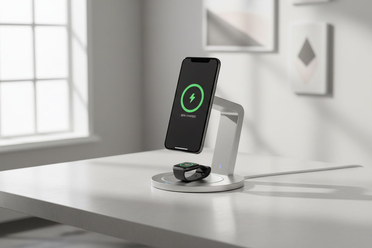 A table with a phone magnetic charger with a phone amd smartwatch charging 