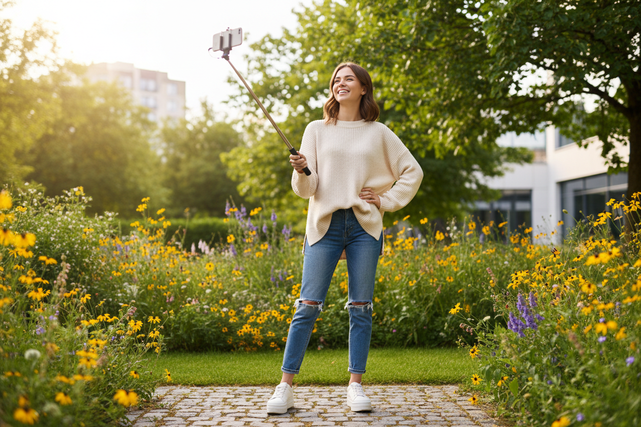Blogger taking pictures using a selfie stick 